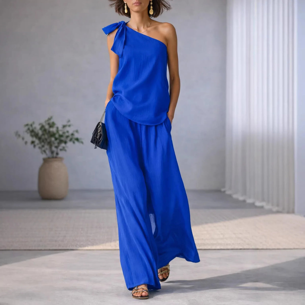 Shoulder Bared Sleeveless Top with Tie Detail And Wide Leg Pants Spring Summer New Style Comfortable Casual Business Commuting