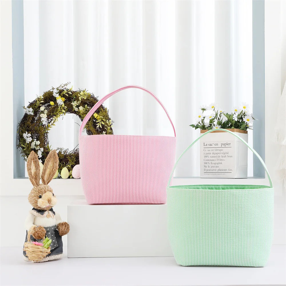 Seersucker Easter Basket Halloween Stripped Bucket Kids Boys Girls Egg Hunt Carrying Gift Tote Bag Toys Party Decoration