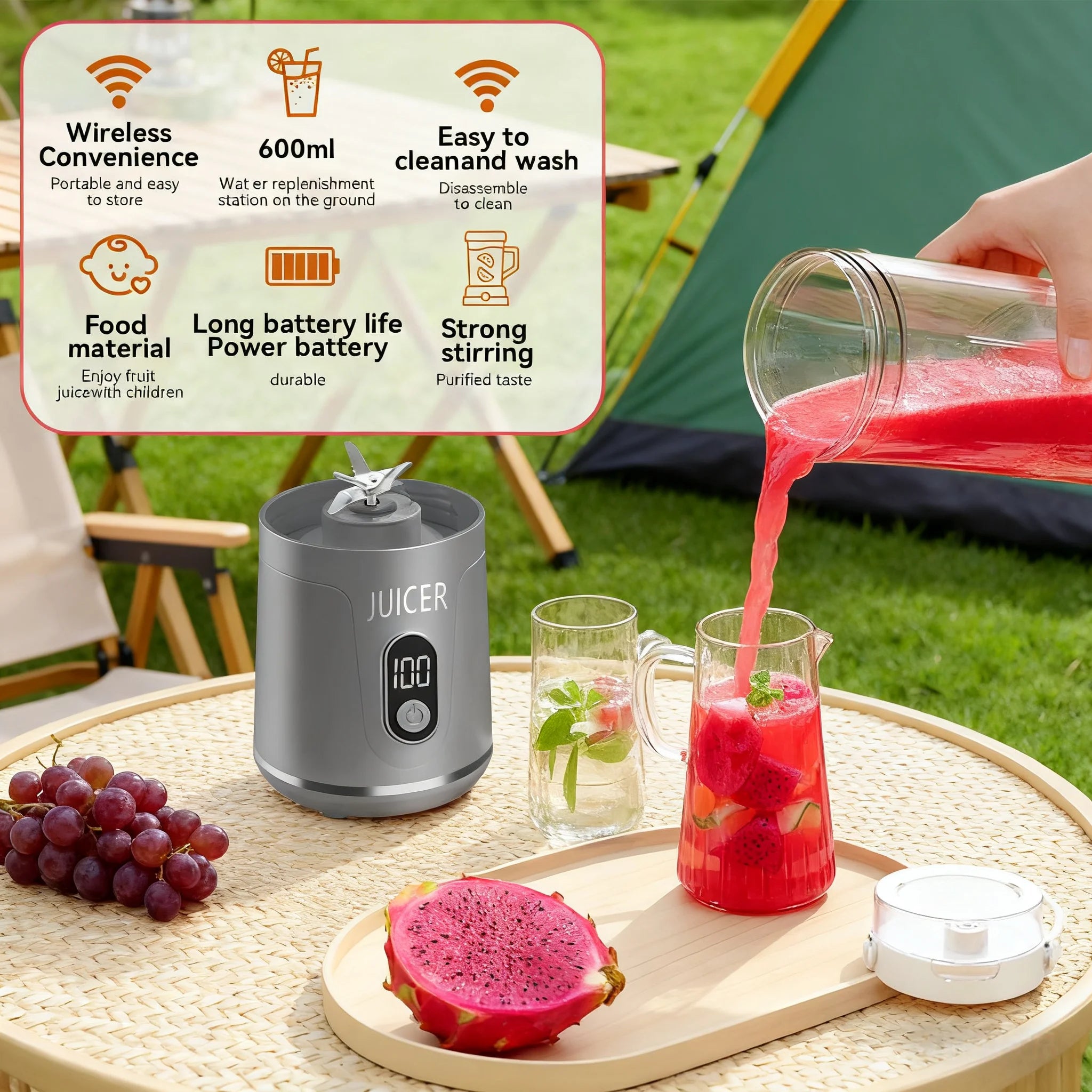 Portable Blender,2 IN 1 Electric Juicer Bottle for Fresh Juice,600ML BPA Free Traveling Juicer Cup and Lid with 12 Blades,Mini B