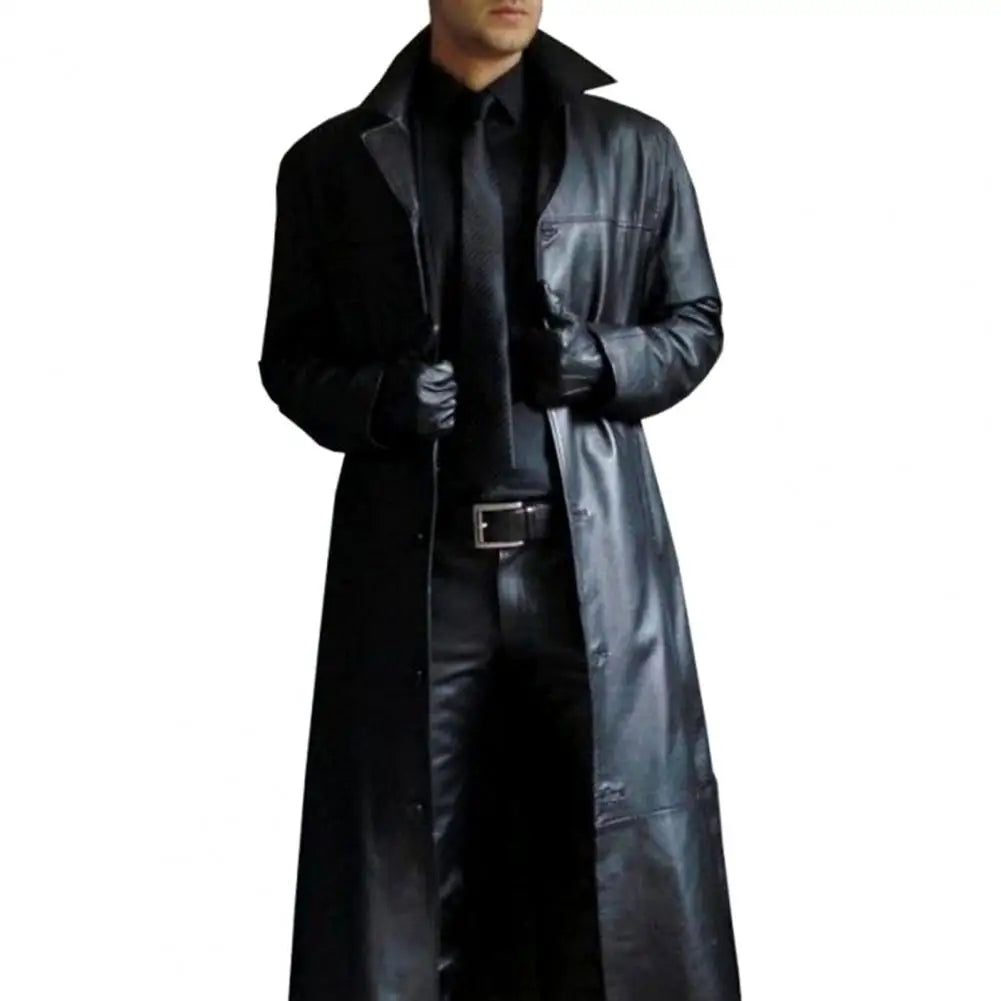 Men Faux Leather Jacket Stylish Men's Faux Leather Trench Coat with Turn-down Collar Windproof Design Slim Fit for Long