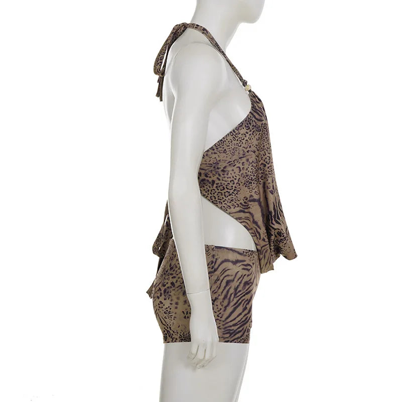 Sexy Leopard Print Deep V Swing Neck Lace-Up Sling Shorts 2-Piece Outfit for Women