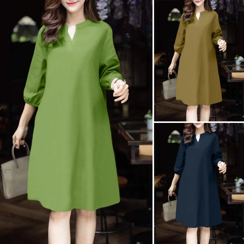2025 ZANZEA Fashion Women V Neck 3/4 Sleeve Dress Autumn Sundress Elegant Solid OL Work Dresses Casual A Line Loose Vestido Robe