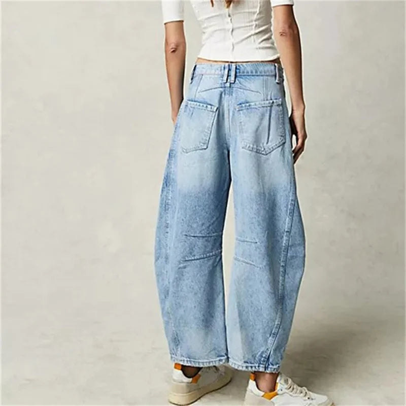 Women Vintage American Style Denim Jeans New Knee Splicing Design Straight Pants Female Commuter Casual Loose Mid Waist Trousers