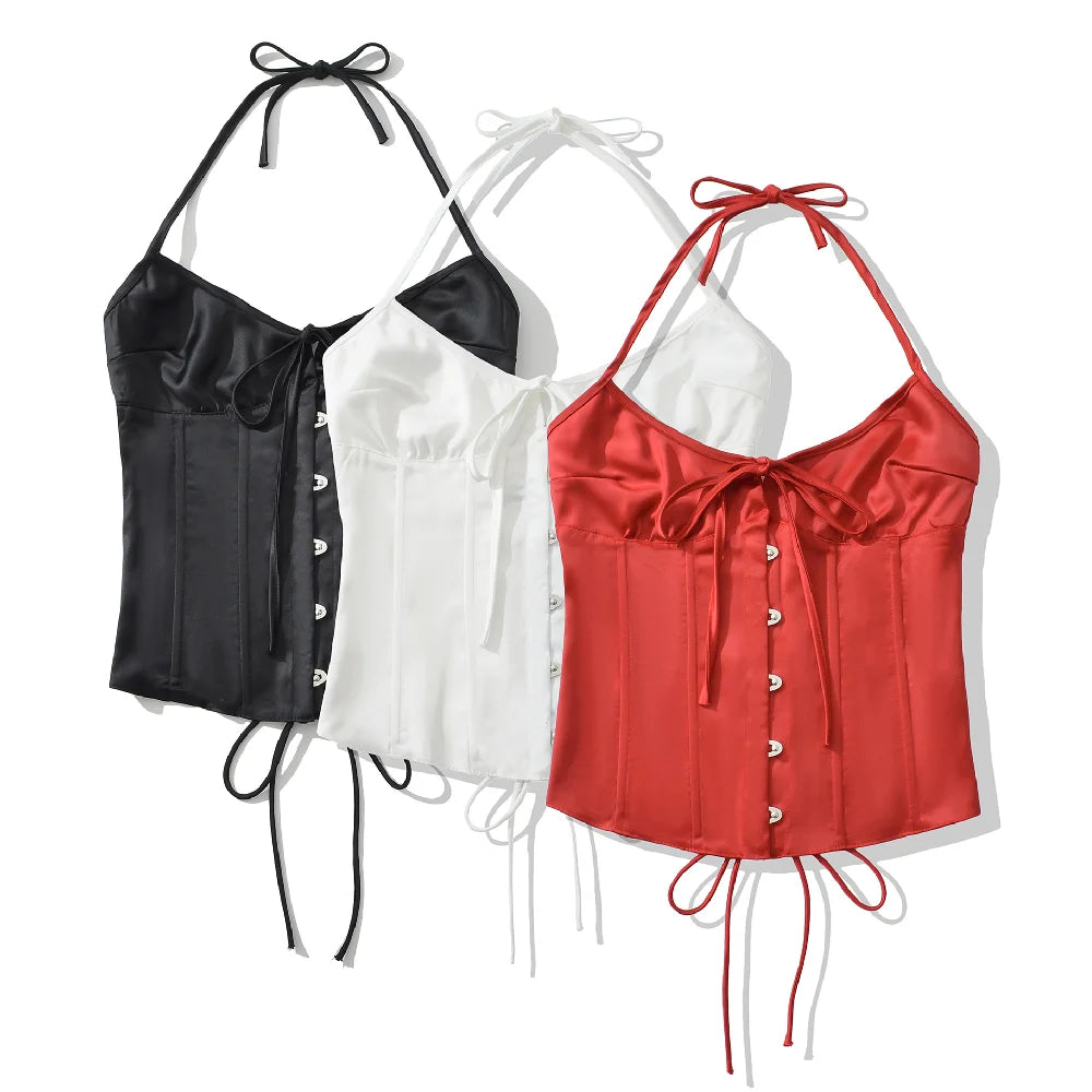 Summer Red Satin Ruched Bra Hook Buttons Sexy Corset Women Cross Lacing Up Bandage Back Tank Tops Bodycon Strapless Crop Top