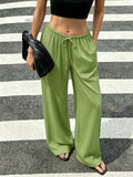 Women Elastic Waist Drawstring Wide Leg Pants Solid Black Loose Floor Length Trousers Casual High Waist Draped Palazzo Pants Wit