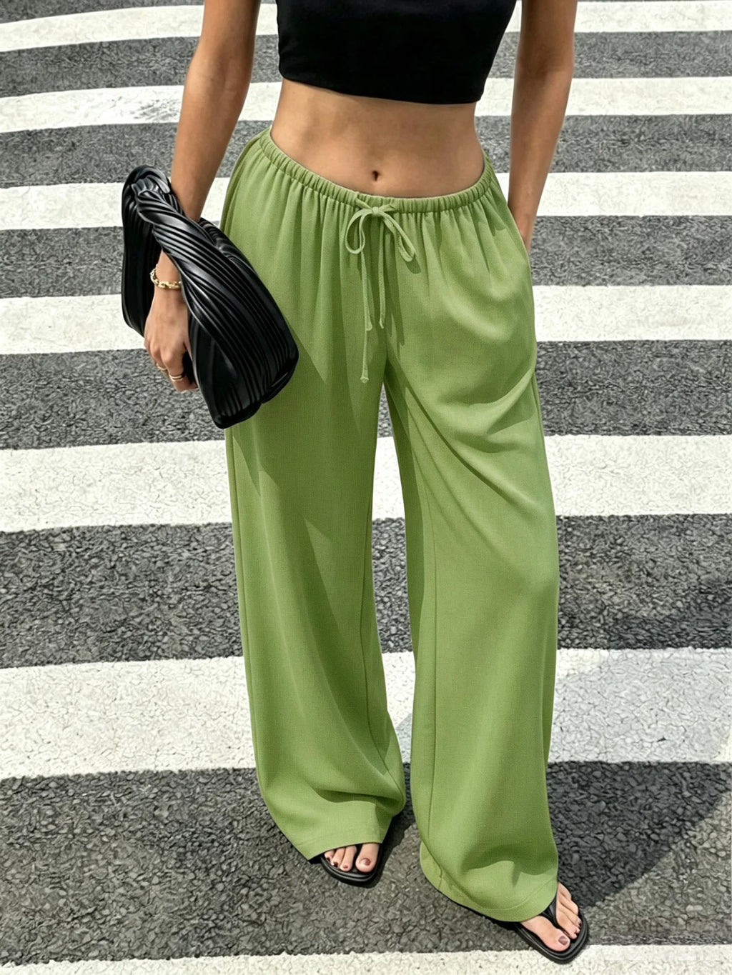 Women Elastic Waist Drawstring Wide Leg Pants Solid Black Loose Floor Length Trousers Casual High Waist Draped Palazzo Pants Wit