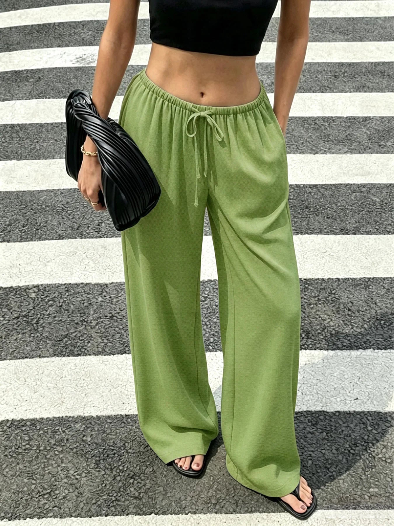 Women Elastic Waist Drawstring Wide Leg Pants Solid Black Loose Floor Length Trousers Casual High Waist Draped Palazzo Pants Wit