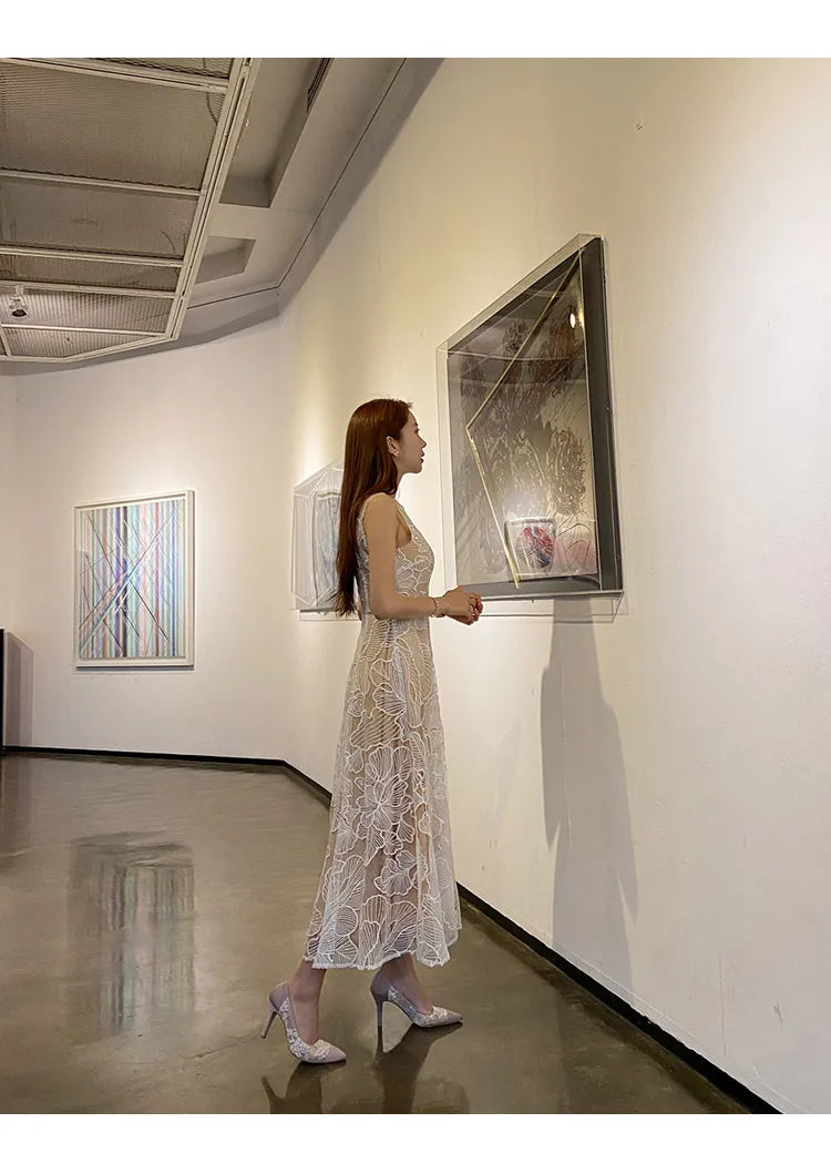 Fashion Slim O-Neck Long Party Casual Dress Hot Sale Summer Dresses Korean Retro Sleeveless Mesh Embroidery Vestidos