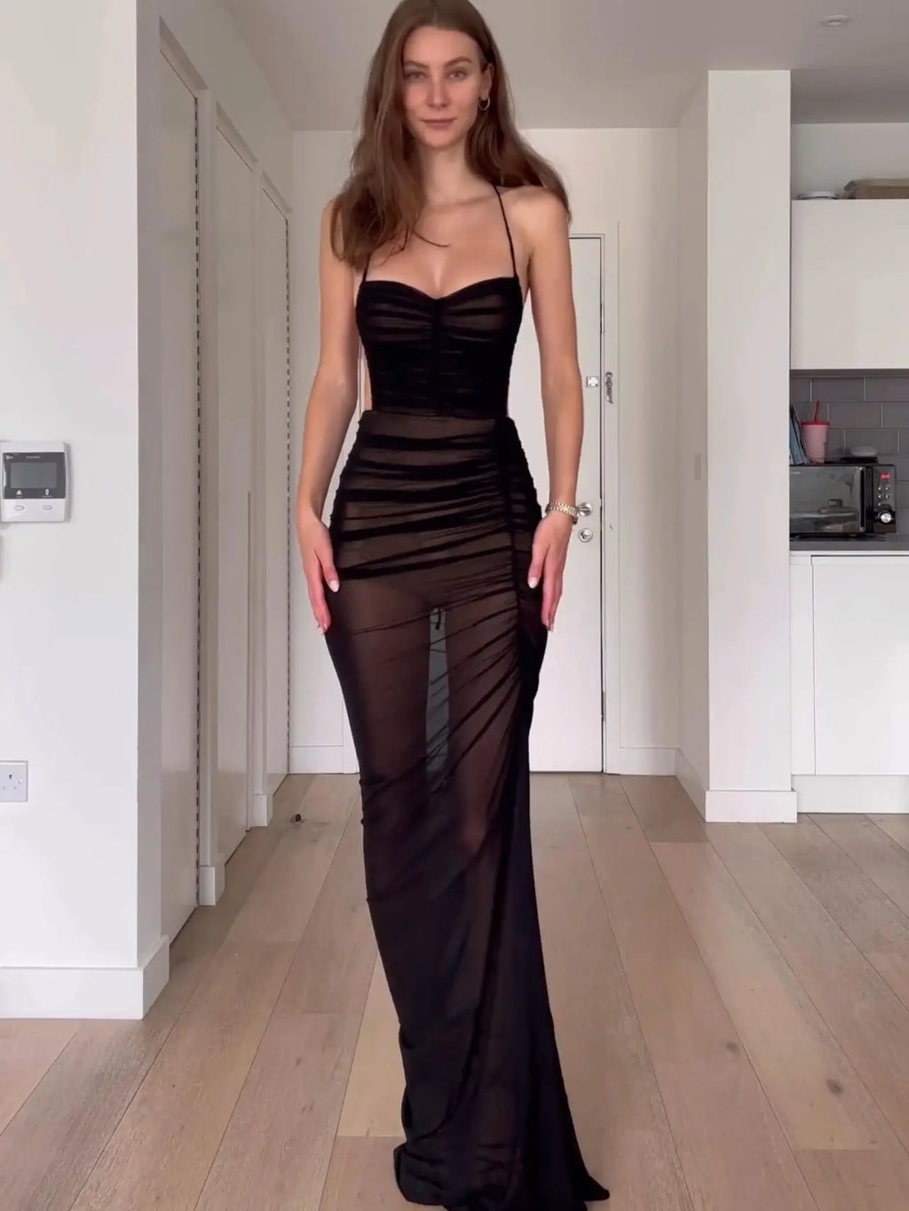 Sexy See-through Mesh Long Dress High Split Halter Pleated Maxi Dresses Prom Party Vestidos Women Backless Outfit Beach Sundress