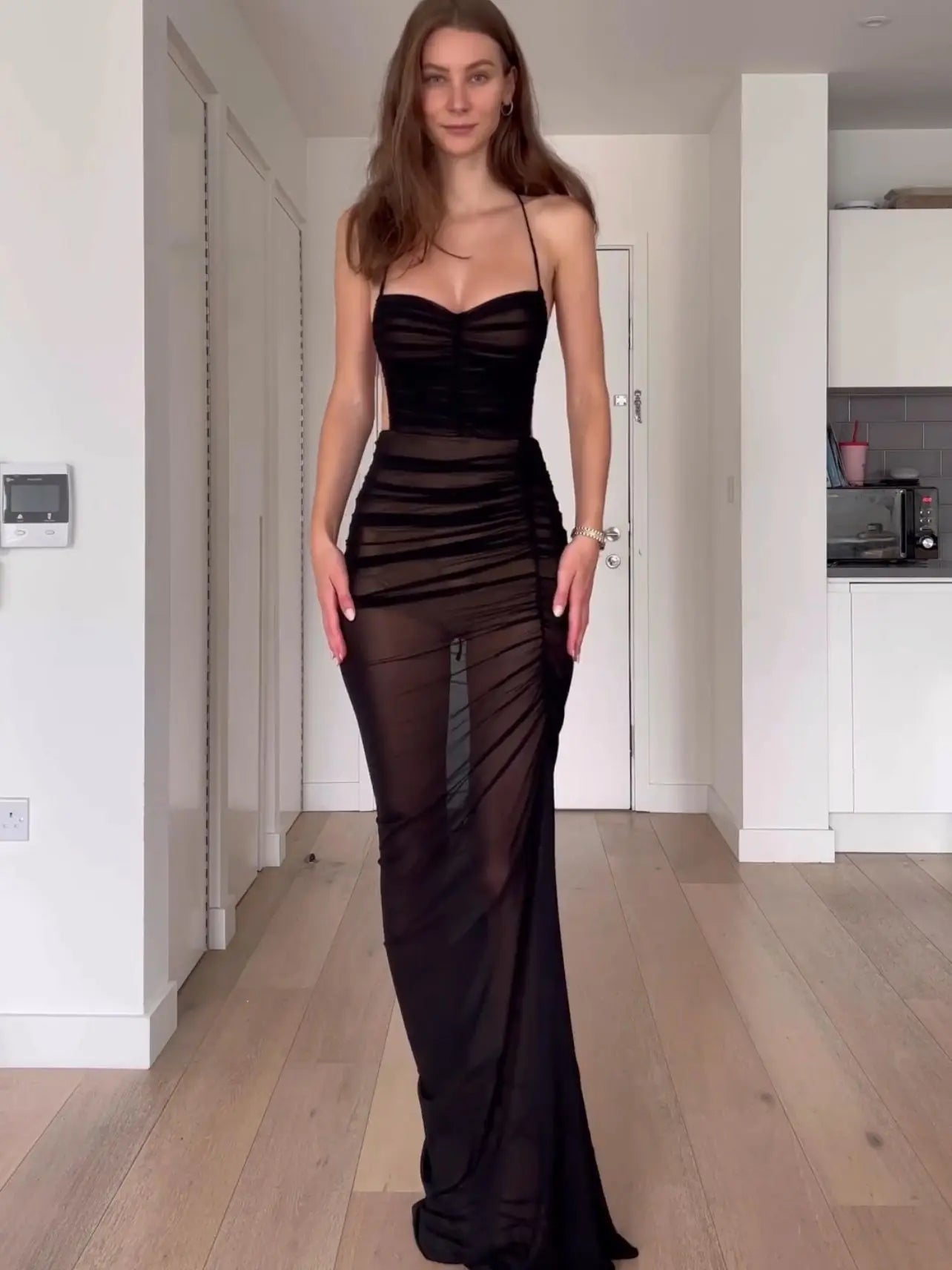 Sexy See-through Mesh Long Dress High Split Halter Pleated Maxi Dresses Prom Party Vestidos Women Backless Outfit Beach Sundress