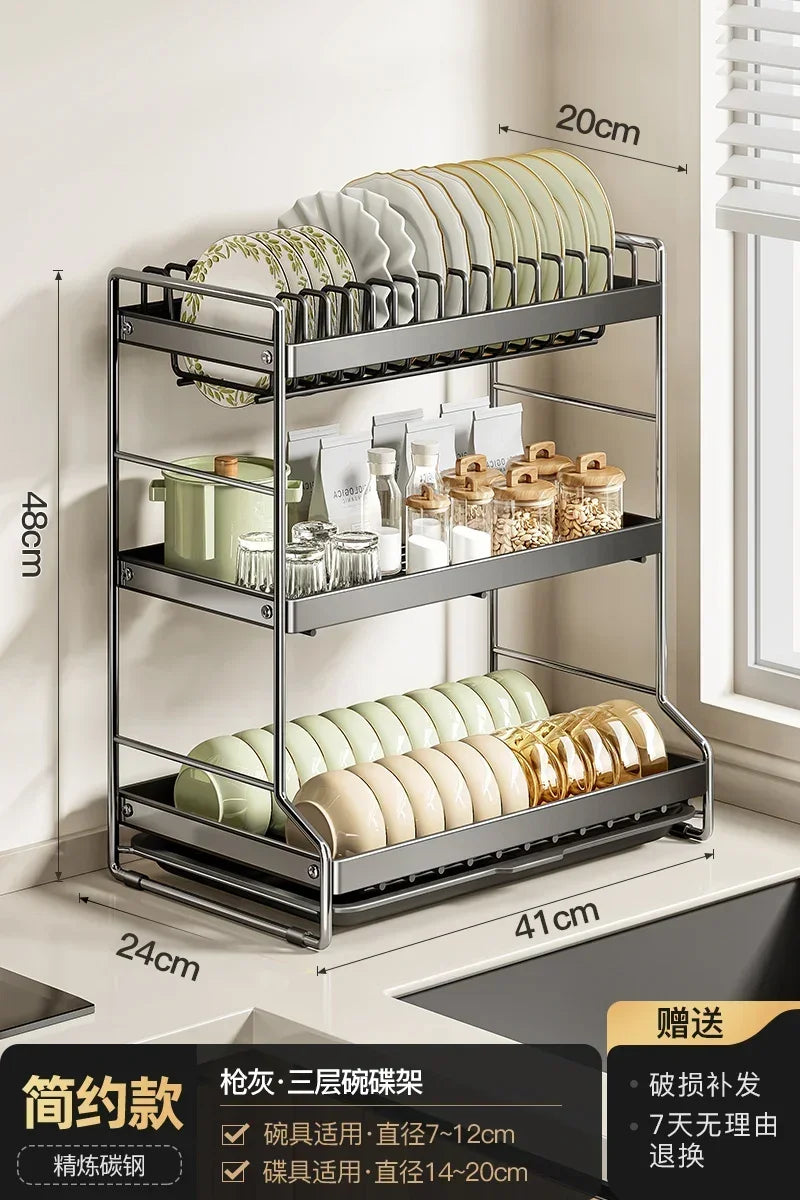 Kitchen Dish Storage Shelf, Multifunctional Countertop Organizer, Detachable Easy-Clean Plate Rack, Durable Sturdy Design