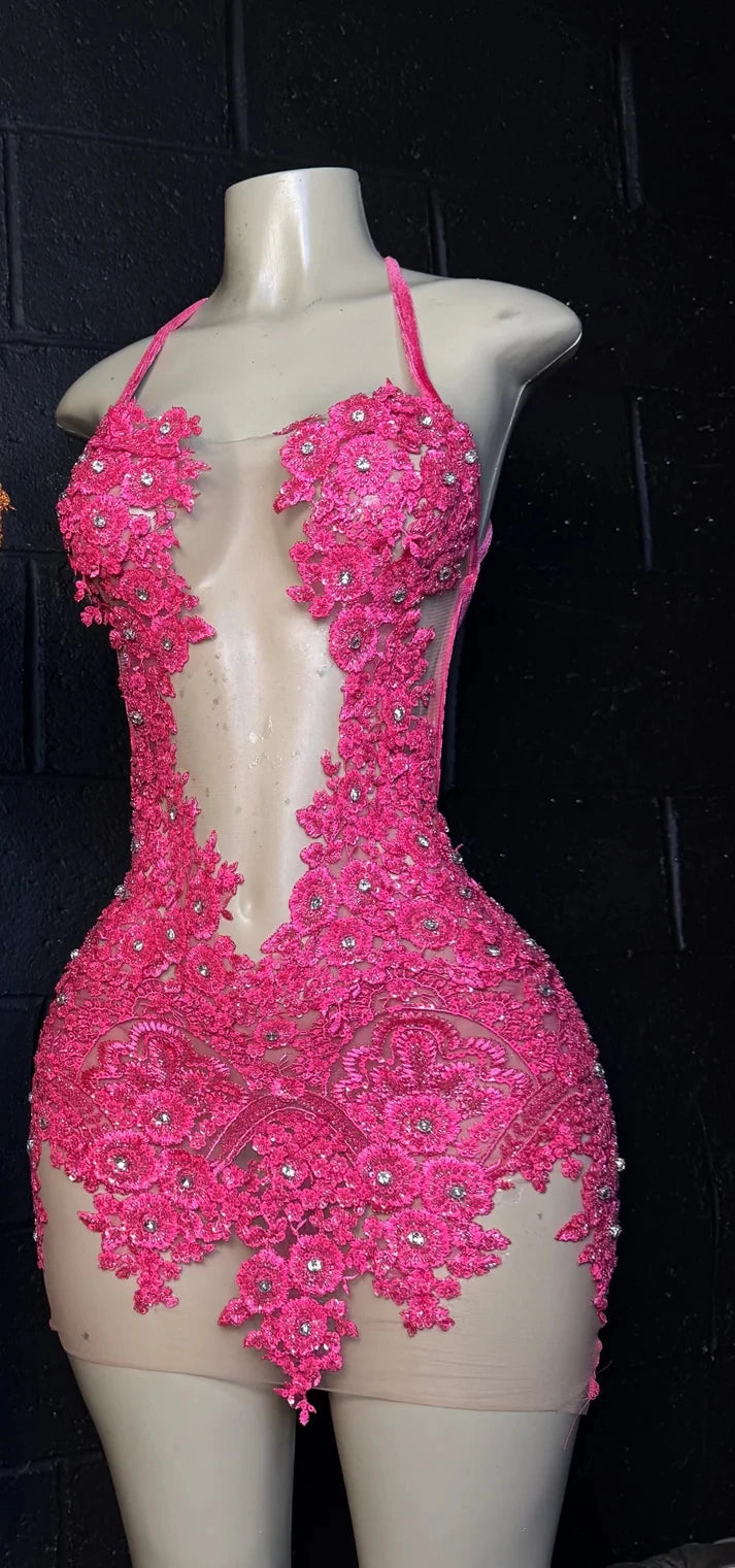 Pink Short Prom Dresses For Black Girls Beaded Halter African American Birthday Party Dresses Homecoming Cocktail Dresses