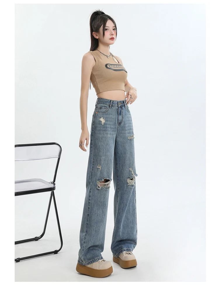 New Ripped Casual Loose Women Jeans High Waist Blue Korean Straight Pants Female Chicly Fashion Street Slim Woman Jeans