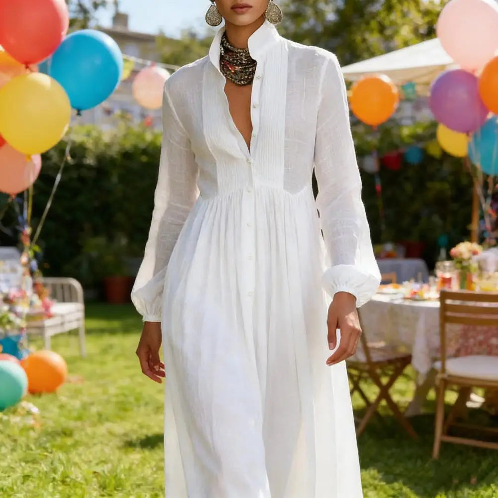 French Elegant High Waist Swing Long Dress Woman Spring Solid Pockets Pleated Maxi Dress Autumn Long Sleeve Button Evening Dress