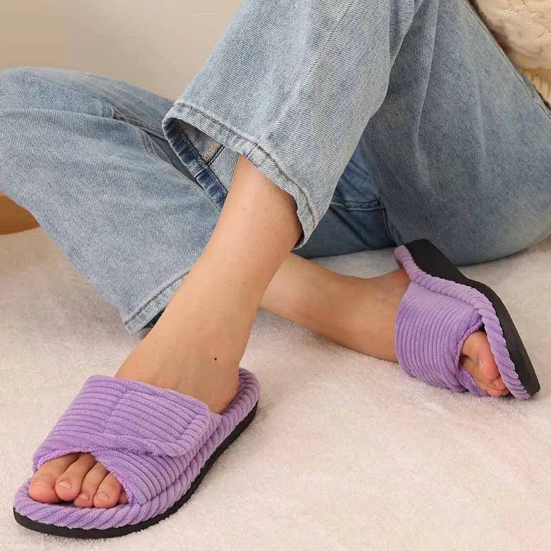 Litfun Open Toe House Slippers For Women New Corduroy Indoor Flat Slides With Adjustable Strap Four Season Lady Orthopedic Shoes