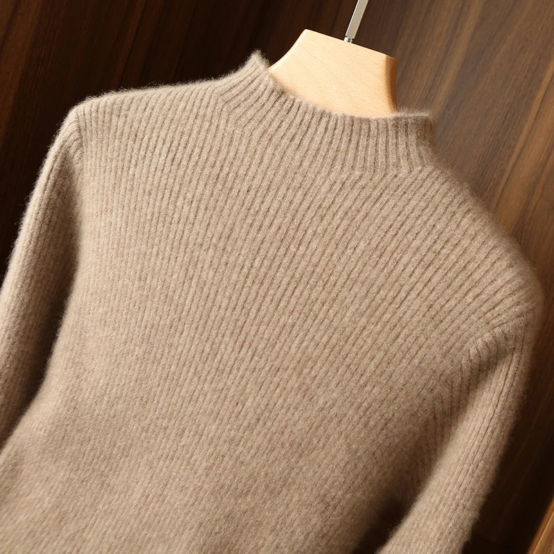 Autumn and winter semi high neck drawstring high elasticity slim fit 100% wool pullover dress, mid length over knee cashmere