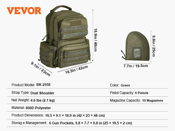 SucceBuy Tactical Range Backpack 2/6 Pistols Gun Backpack with Independent Pistol Bags and Magazines Pistol Backpack for Outdoor