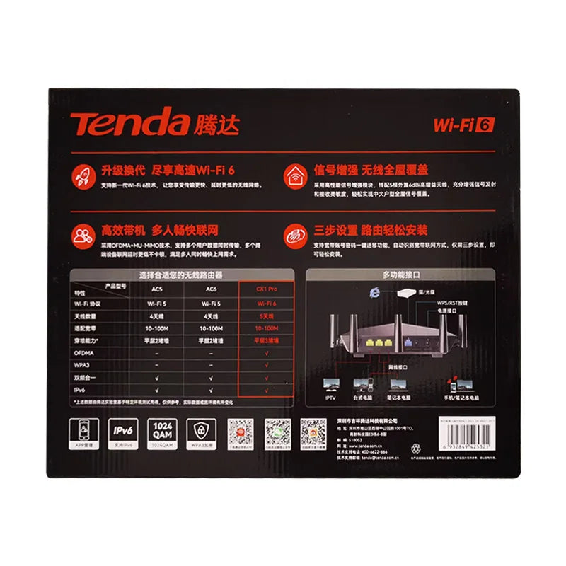 Tenda WiFi6 AX1500 Smart WiFi Router Dual Band Gigabit Wireless Internet 4*6dBi High-Gain Antennas 3Gigabit LAN Ports AX2/ CX2