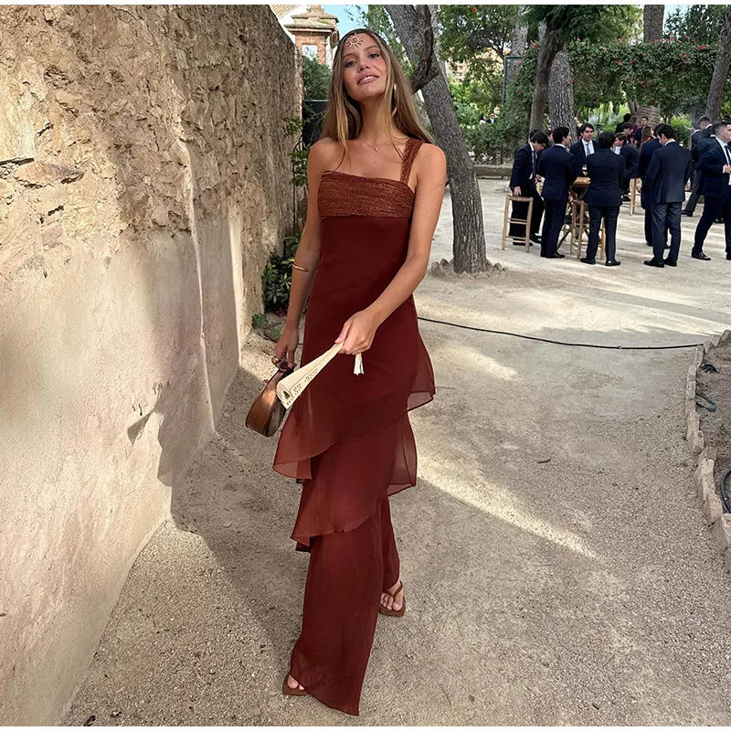Elegant Patchwork Women's Dress Sleeveless Cascading Ruffle Skew-Collar Lady Long Dresses 2026 Summer Chic Female Vacation Robe