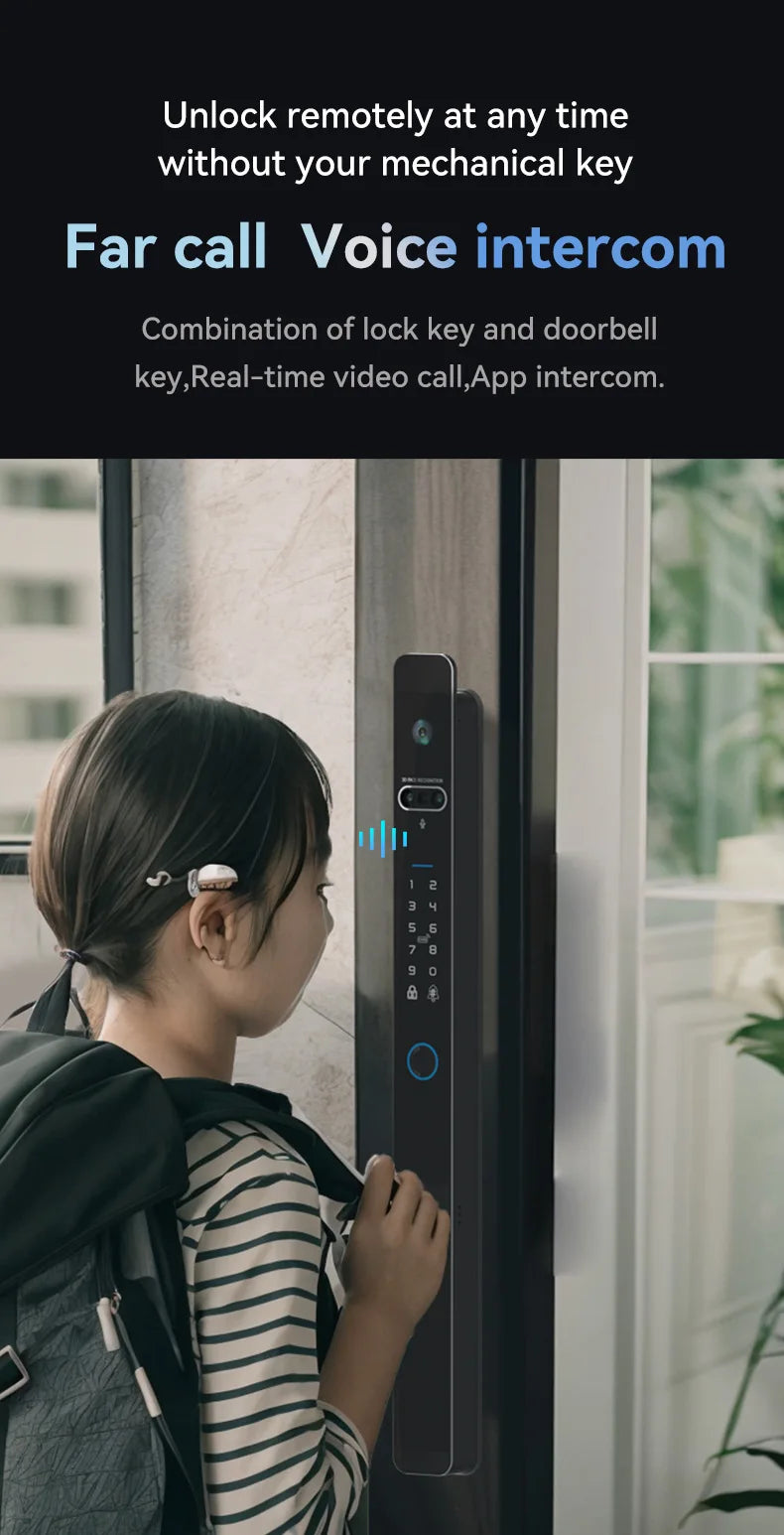Camera video intercom Waterproof IP65 Automatic Slim Smart Aluminum door lock Face Tuya wifi 3592 euro mortise Digital UPVC lock