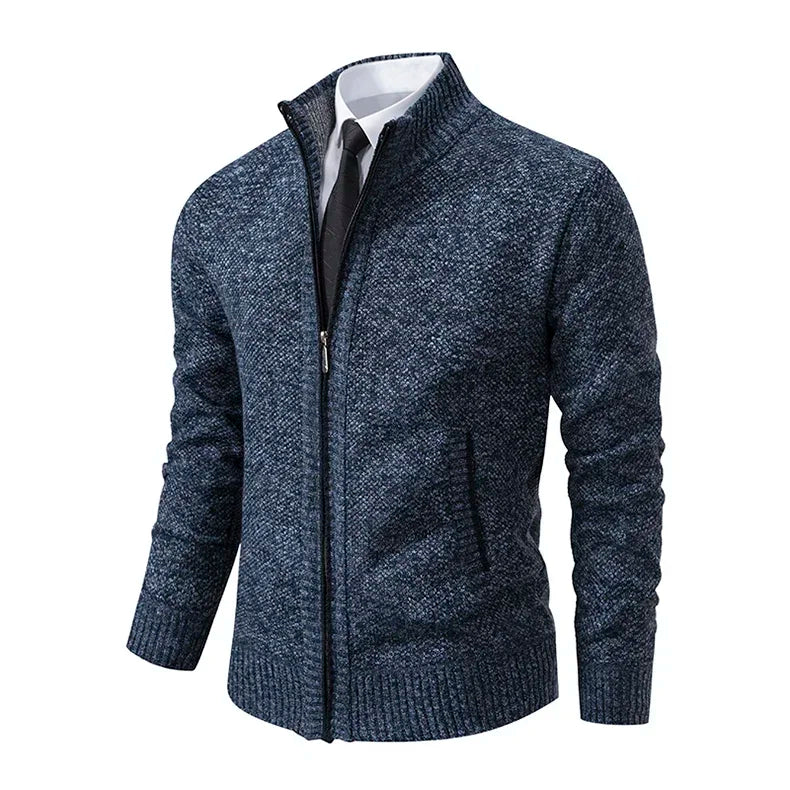 2025 Autumn and Winter New Jersey Men's Casual Sports Coat Solid Color Stand Collar Sweater Grab Fleece Warm Zipper Cardigan
