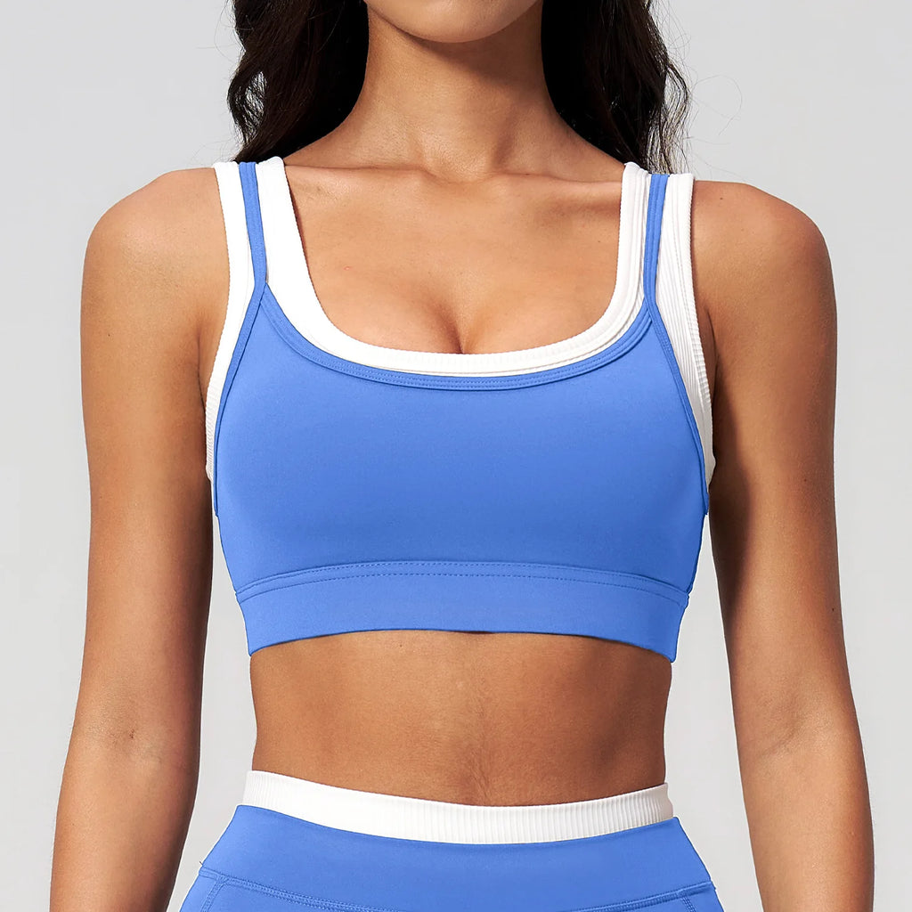 Custom LOGO Women's Naked Fake Two-piece Sports Vest Threaded Contrast Yoga Bra Running Fitness Clothing Top