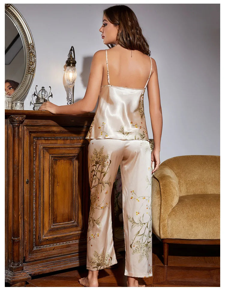 Women 4PCS Pajamas Kimono Bathrobe Nightgown Print Cherry Flower Trouser Suit Sleepwear Loose Satin Home Wear Pyjama Pour Femme