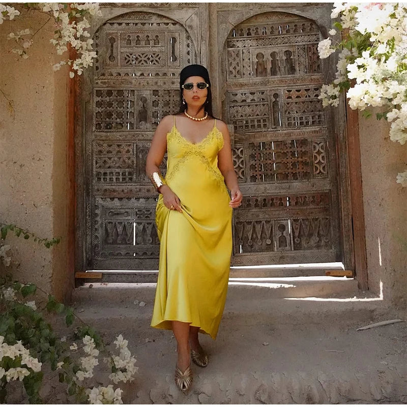 Chic Solid Lace Patchwork Satin Dress Fashion Sleeveless Off-shoulder Sling Maxi Dresses Party Daily Outdoor Casual Attire 2026