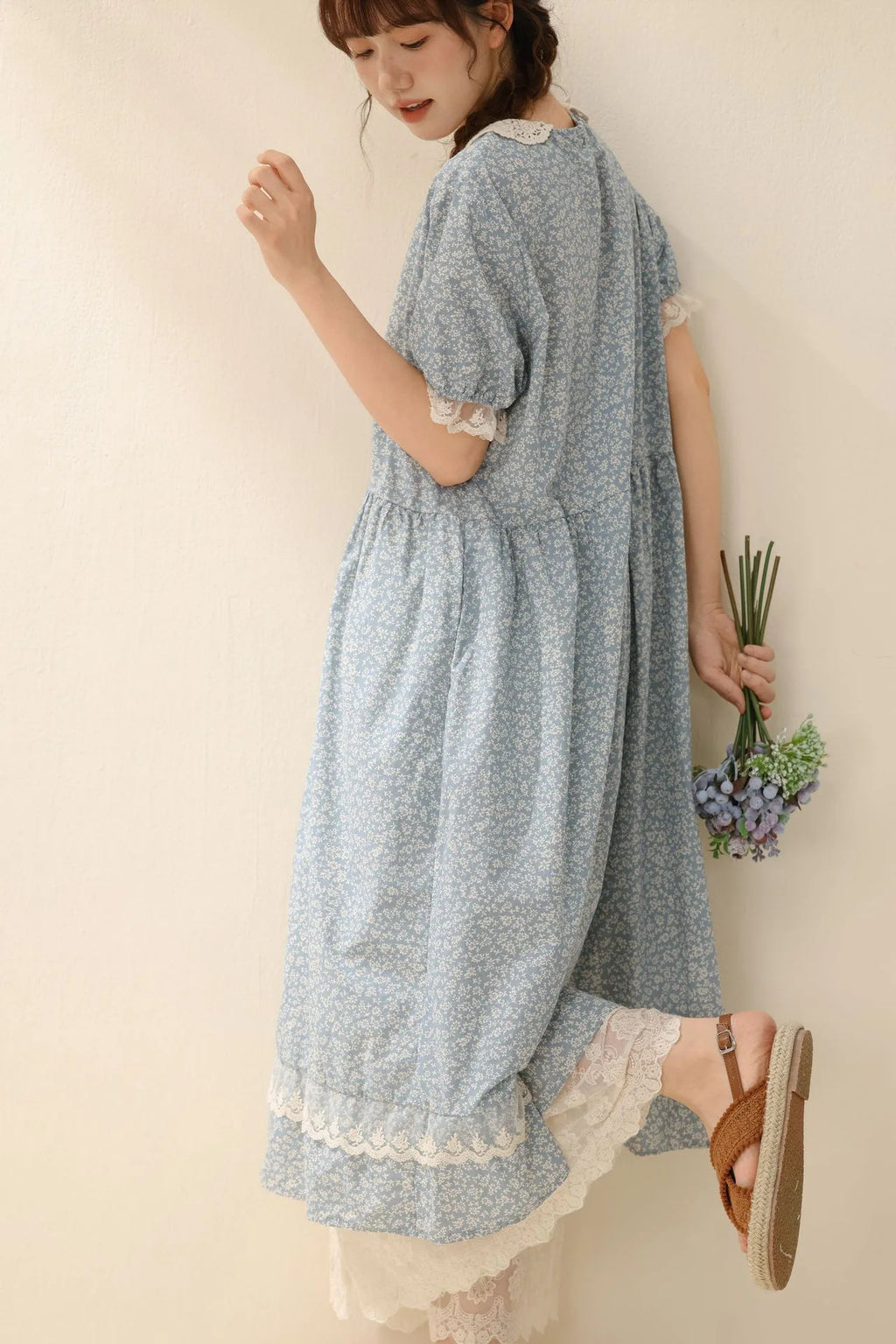 Vintage Ruffled Cotton Linen Flower Dress Women's New Summer Peter Pan Collar Short Sleeve Loose Boho Dress Casual Midi Vestidos