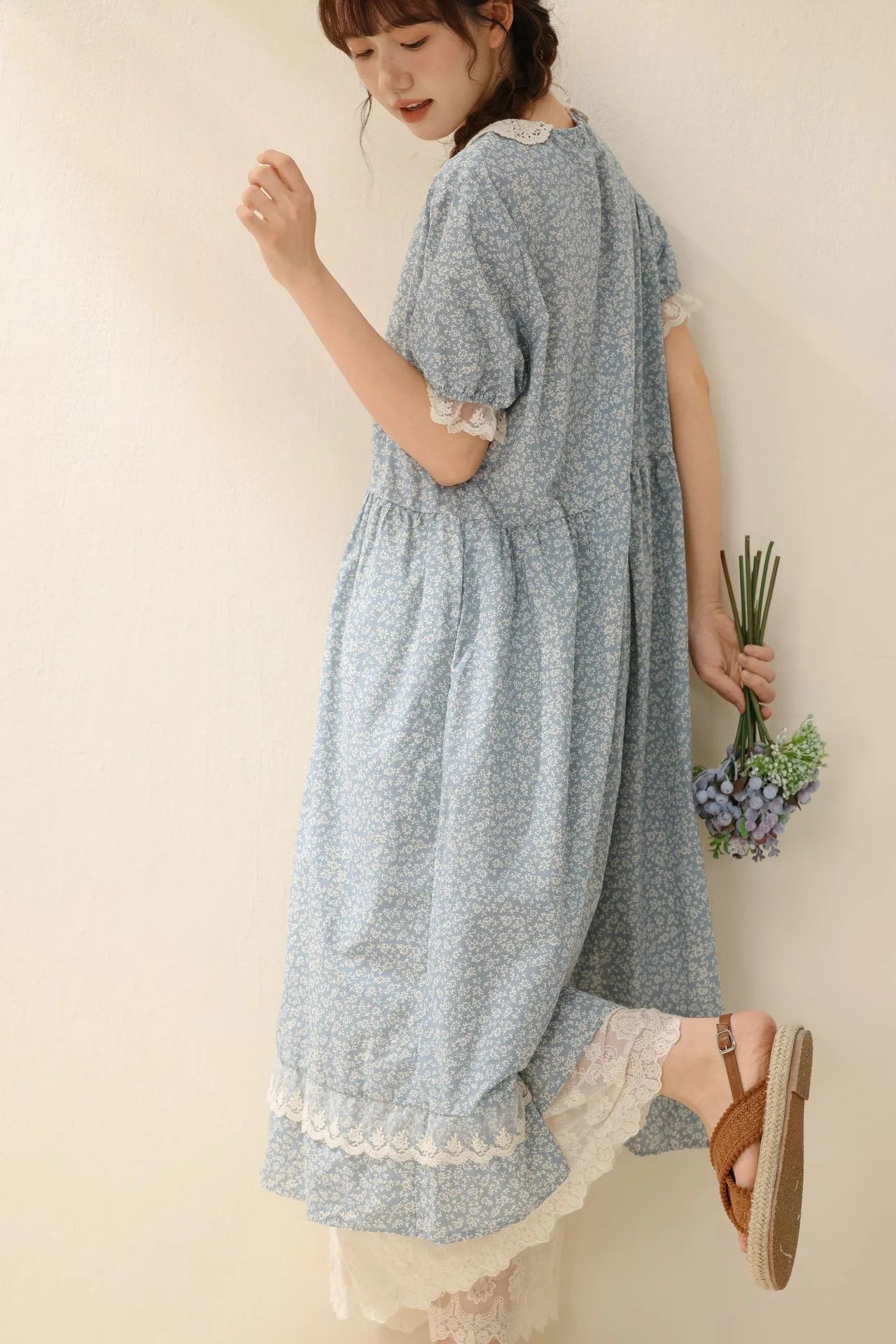 Vintage Ruffled Cotton Linen Flower Dress Women's New Summer Peter Pan Collar Short Sleeve Loose Boho Dress Casual Midi Vestidos