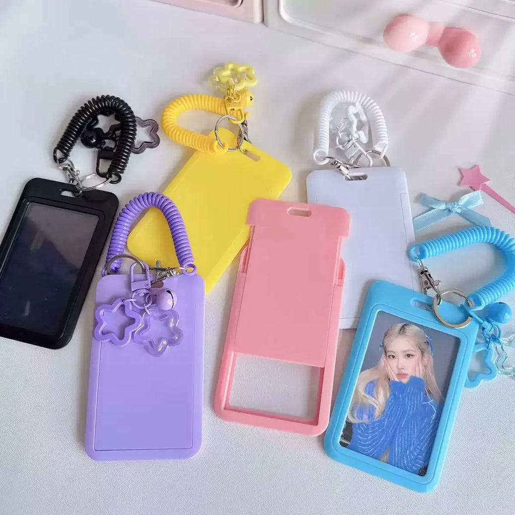 Cute Simple Protective Card Holder with Keychain Colorful Star Retractable Spring Lanyard ID Card Photo Postcard Holder Charms