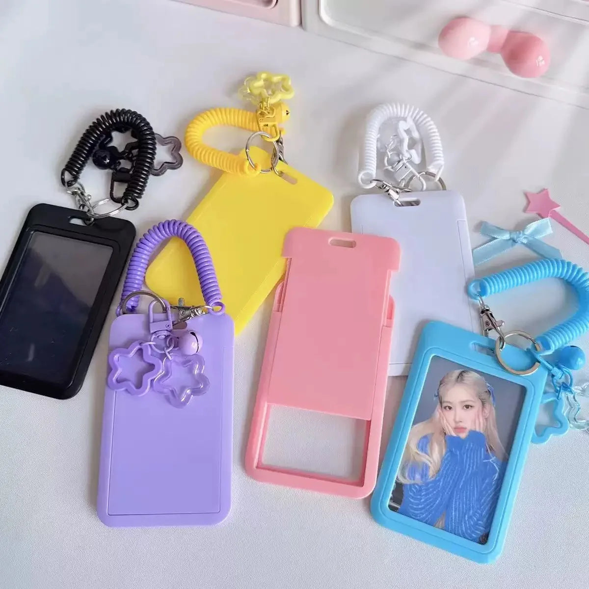 Cute Simple Protective Card Holder with Keychain Colorful Star Retractable Spring Lanyard ID Card Photo Postcard Holder Charms