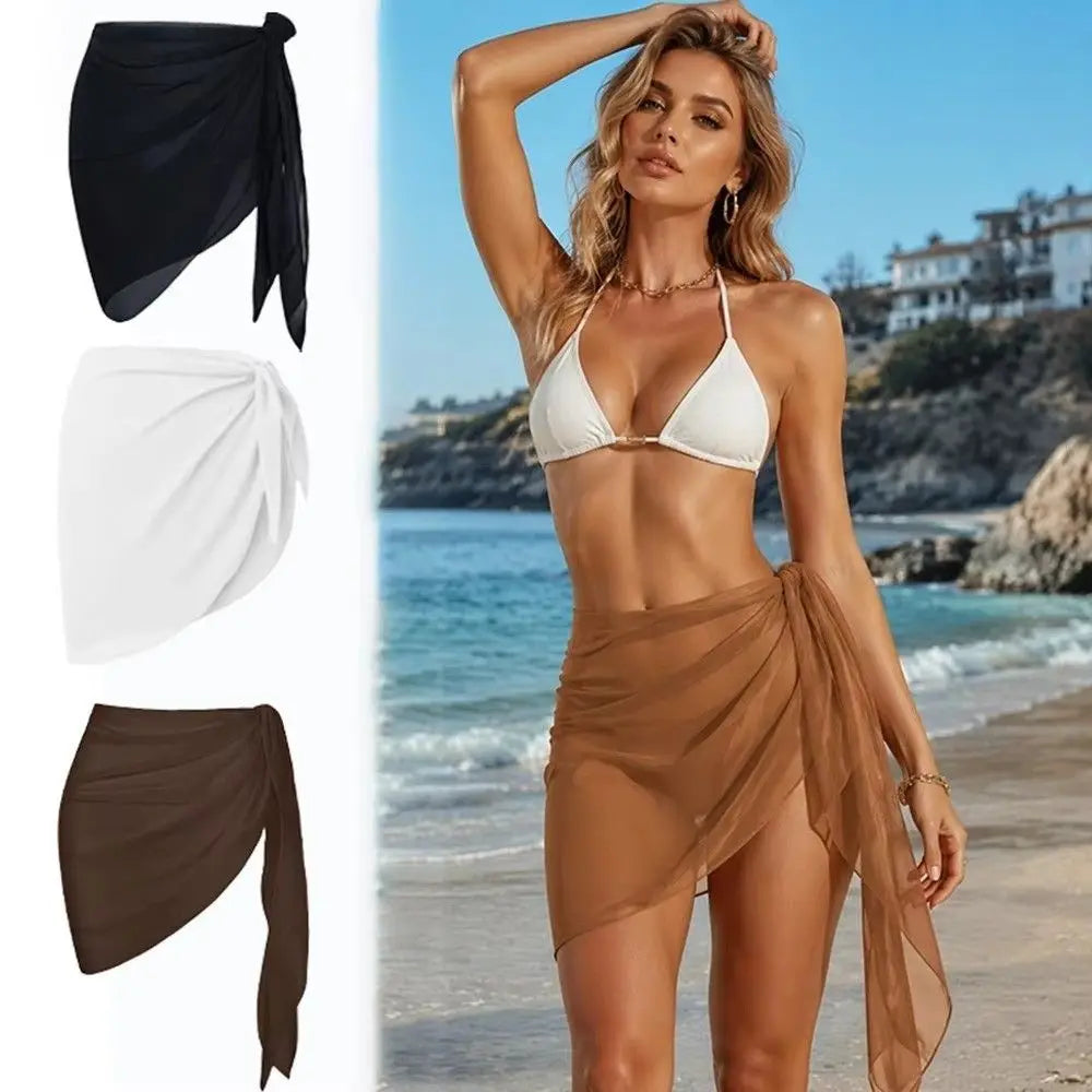 Sexy Solid Color Women Beach Skirt Short Strap Design Bikini Skirt Sheer Swimsuit Coverups Summer Vacation