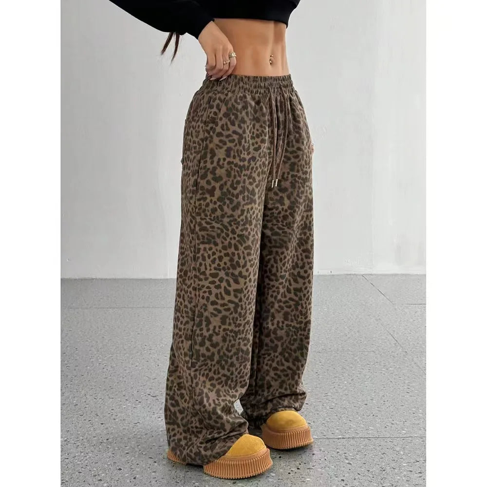Summer Women's Street Style Wide Leg Pants Loose Slimming Floor-Length Casual Trousers Cross-Border Leopard Print Women's Pants
