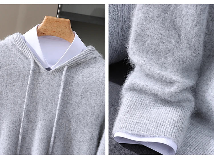 LHZSYY 100% Pure Mink Cashmere Hooded Sweater Men's Hooded Knitted Pullover Business Casual Loose Hoodie Autumn Bottoming Shirt