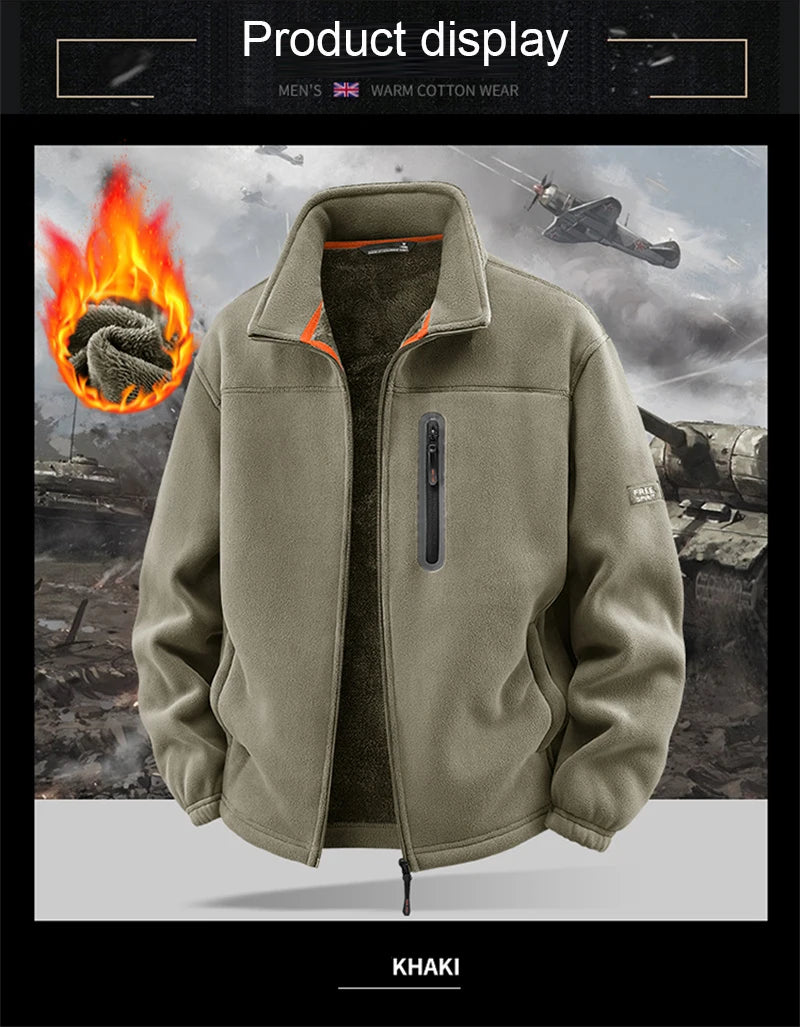 Solid Men's Fleece-Lined Bomber Jacket New Arrival Winter Windproof Stand-Collar Zip-Up Thicken Warm Plush Coat Fashion Clothing