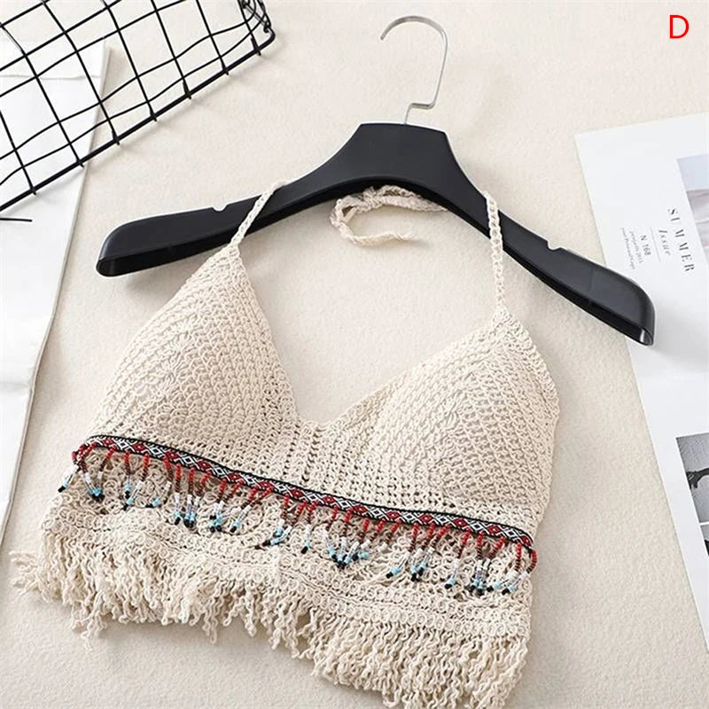 Sexy Boho Beach Vacation Camisole Women's Crochet Swimsuit Bra Halter Tank Top Hollow Fringe Cropped Tops Halter Neck Camisole
