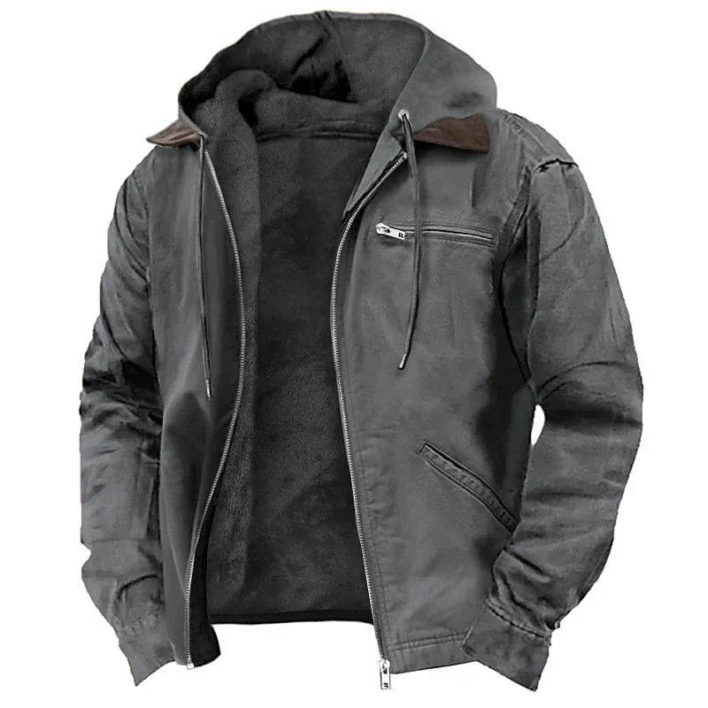 Men's Autumn Casual Retro Hooded Zipper Solid Fleece-lined Warm Fleece Jackets Male Multi Pocket Outdoor Hoodies Coats Outerwear