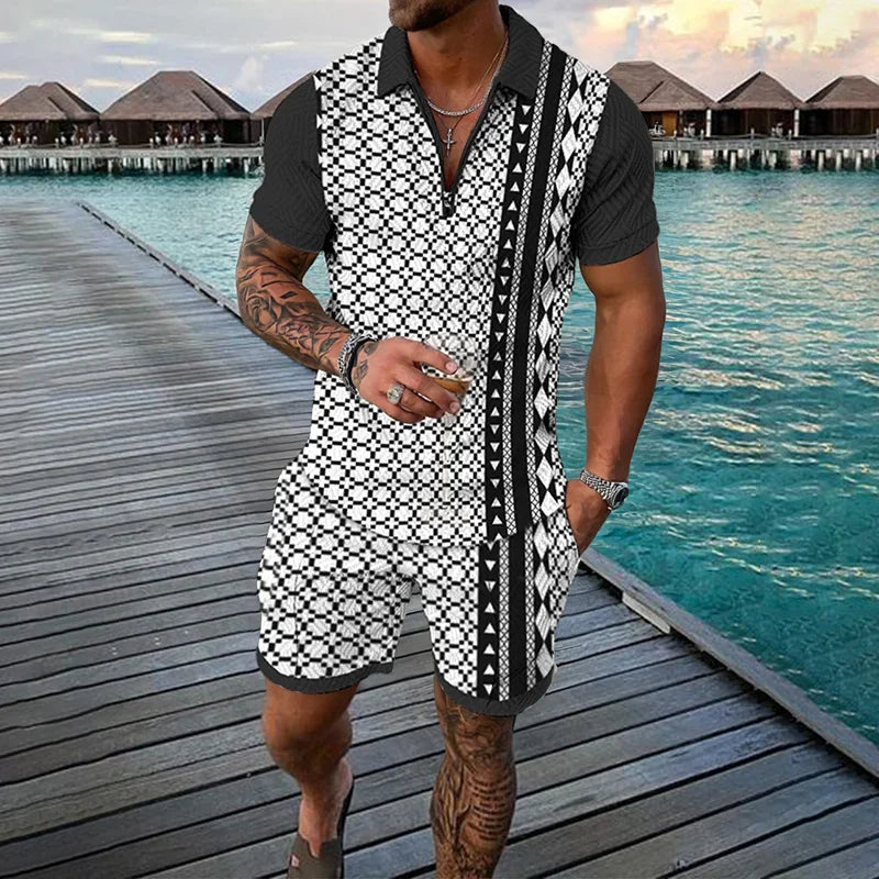 Men Zipper Polo Shirt Suit 2 Pcs Tracksuit Summer 3D Print Beach Boho Geometric Style Holiday Clothing Ensembles De Sport
