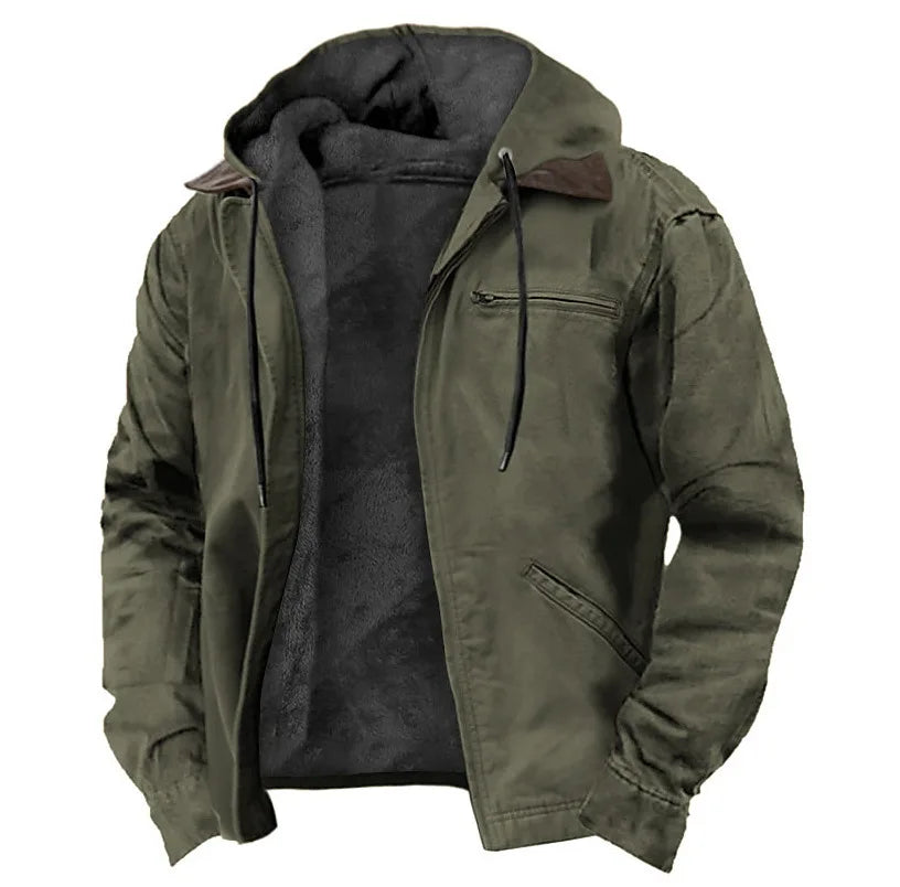 Winter New Men Casual Jackets Hooded Zipper Pocket Fashion Solid Color Fleece Warm Outerwear Male Outdoor Hooded Hoodie Coats