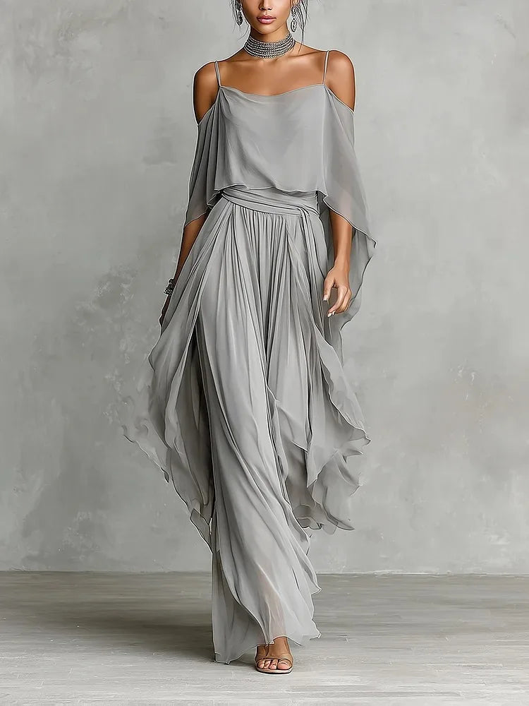 Solid Color Chiffon Two Piece Set Women Casual Off Shoulder Top & Long wide leg pants Set Ladies Elegant Party Suits Outfits