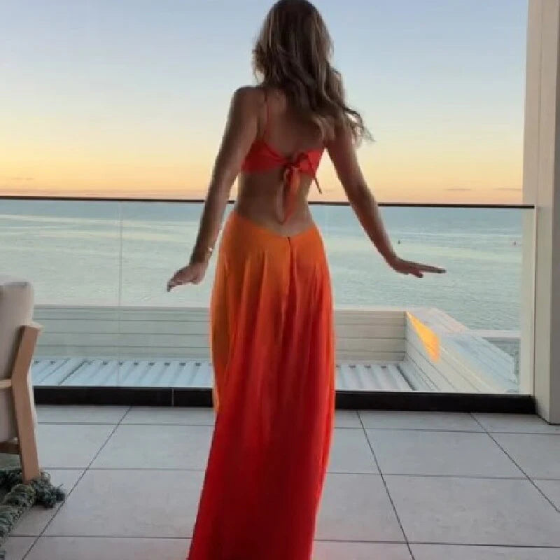 Charming Gradient Hollow out Suspender Dress Backless Irregular Long Holiday Style for Women Sweet Party Boho Beach Robe