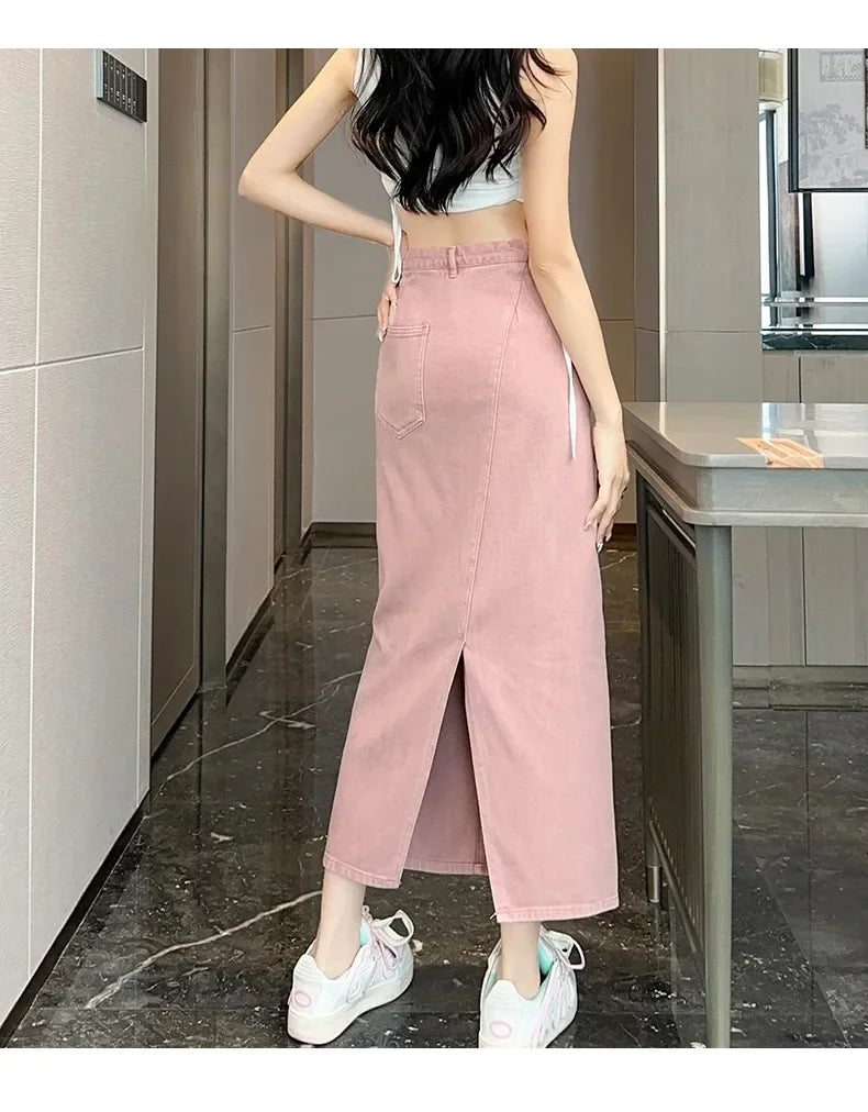 New Summer Women's 100% Cotton Denim Shorts Pink High-waisted Slit Retro Elegant Fashionable Casual Denim Long Skirt Female