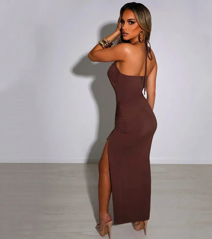 Women's Elegant Party Summer Sleeveless Halter Neck High Waist Pencil Dress Long Backless Cross Strap with High Slit Bodycon