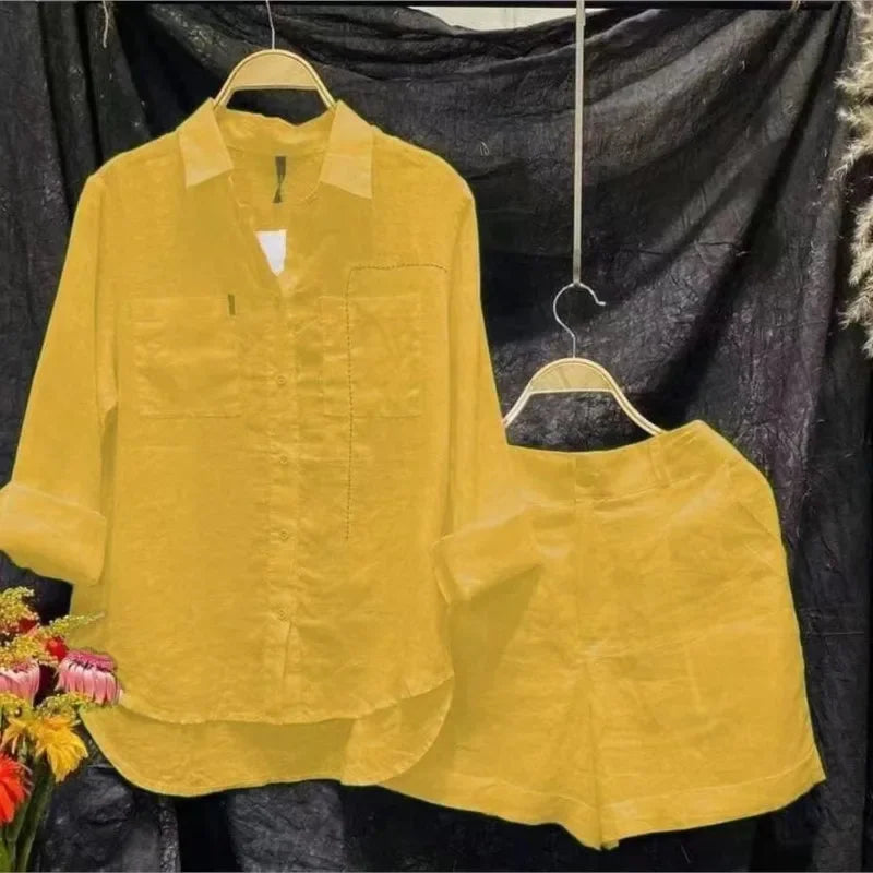 Summer Cotton Linen Casual Home 2 Piece Set For Women 2024 Fashion White Long Sleeve Shirt And Shorts Two Piece Sets Tracksuit