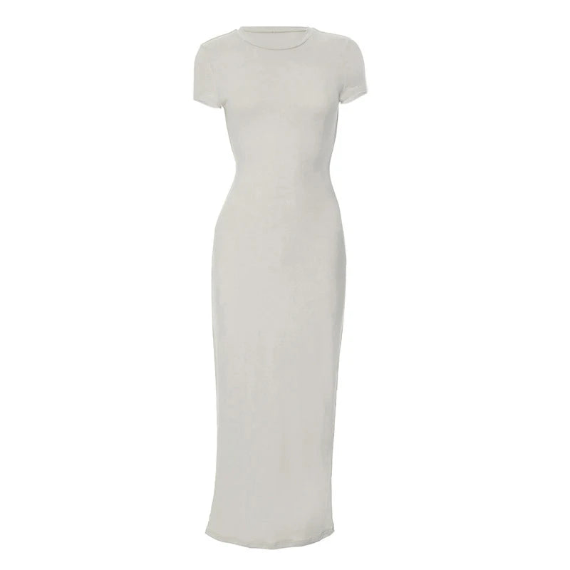 2025 Women Solid Color Slim Short Sleeve Casual Pullover Sumer Long Dress Skinny Sexy Daily Dress