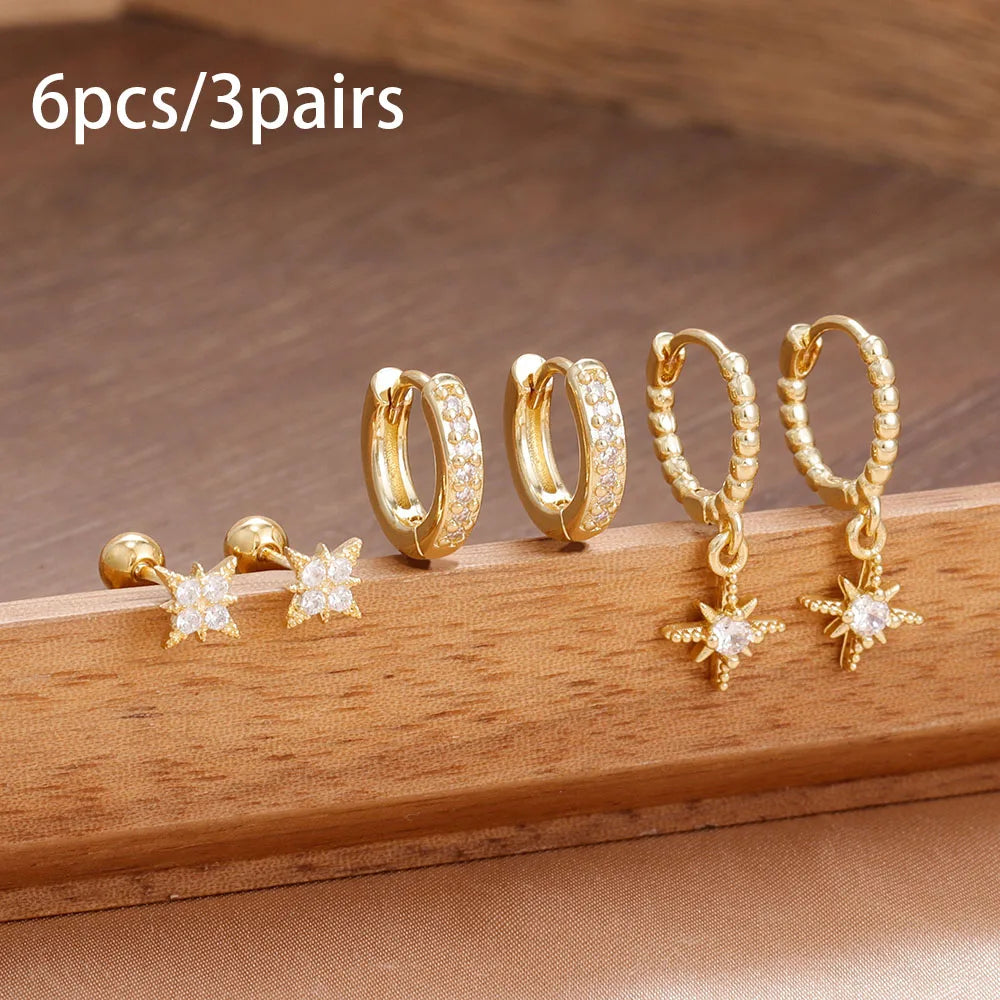 3 Pairs Stainless Steel Zircon Hoop Earrings Set Trendy Twinkle Star Ear Stud Earring Jewelry Prevent Allergy Party Accessories