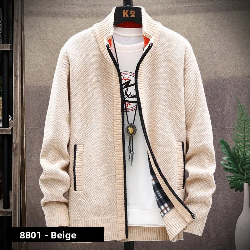 Men's Knitted Sweater Cardigan Thickened Fleece Hooded Casual Style Warm Outerwear Autumn Winter New Arrival Korean Version