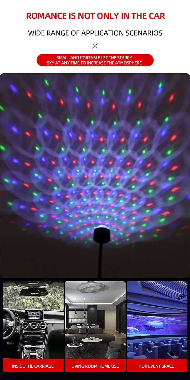 Car Romantic LED Starry Sky Night Light 5V USB Powered Galaxy Star Projector Lamp for Car Roof Room Ceiling Decor Plug and Play
