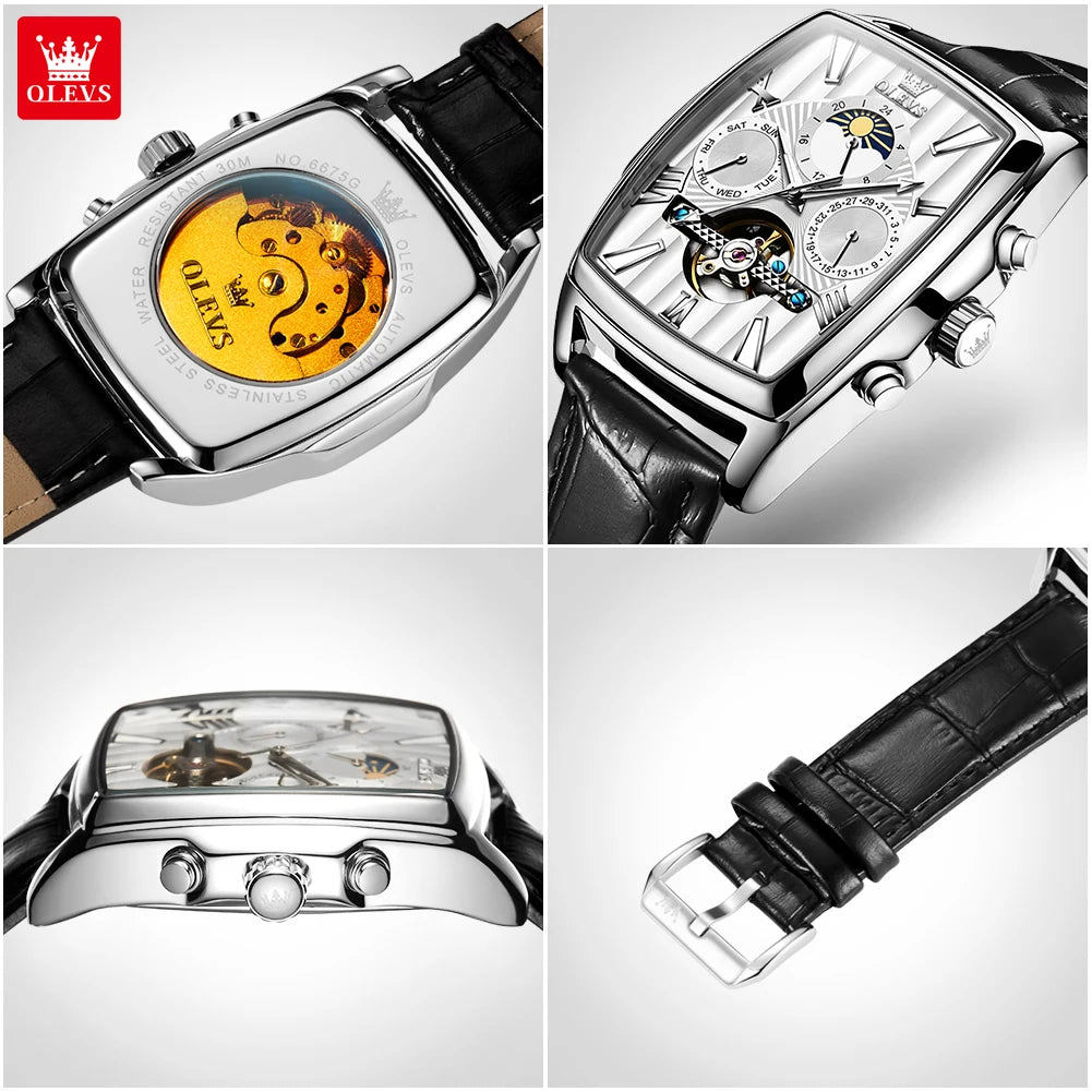 OLEVS 6675 Mens Watch Flywheel Multifunctional Chronograph Mechanical Watch Leather Strap Square Watches For Man High Quality
